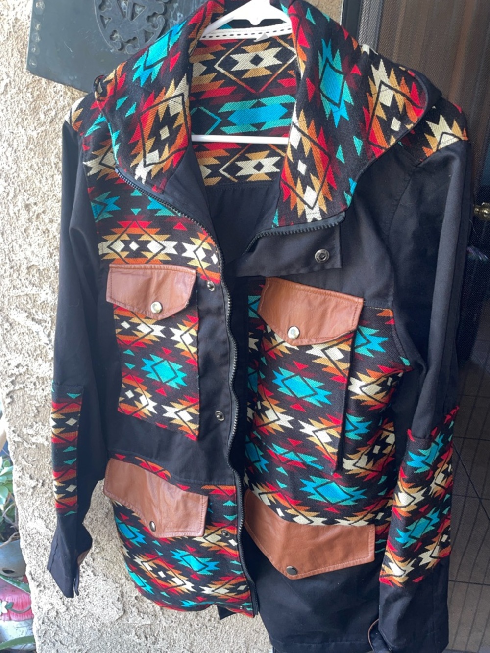 Southwestern Black Utility Jacket with Turquoise & Red Accents